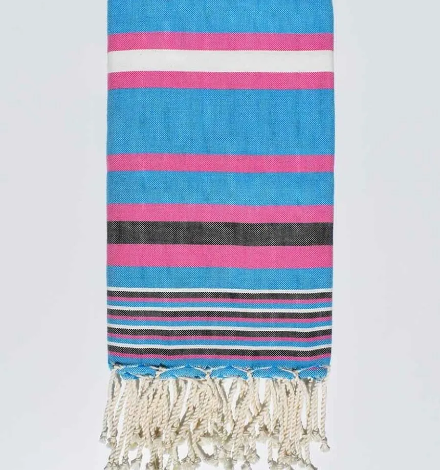 Fouta dina bleu céleste rayée rose 100x200 cm - 100 % Coton - FOUTA TUNISIA
