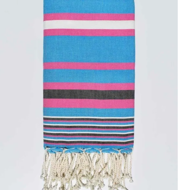 Fouta dina bleu céleste rayée rose 100x200 cm - 100 % Coton - FOUTA TUNISIA