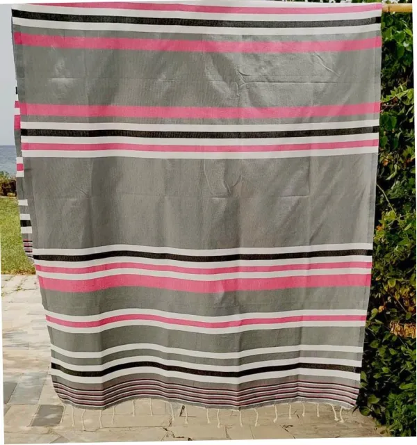 Fouta dina gris rayée rose, blanc et gris noir - FOUTA TUNISIA