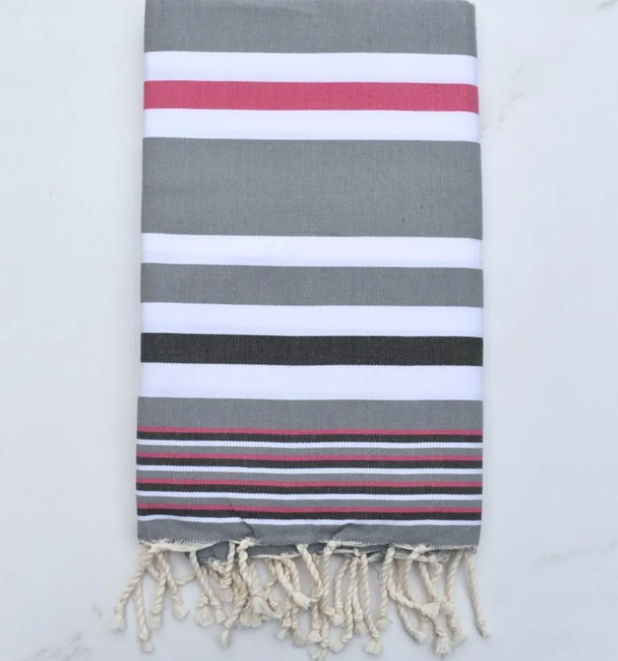 Fouta dina gris rayée rose, blanc et gris noir - FOUTA TUNISIA