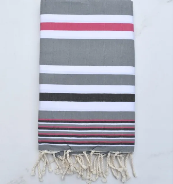 Fouta dina gris rayée rose, blanc et gris noir - FOUTA TUNISIA