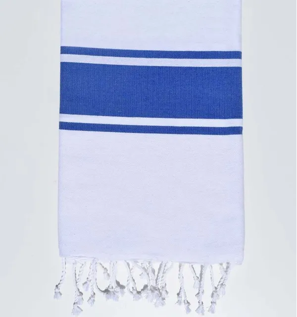Fouta plate blanche bande bleu 100x200 cm - 100 % Coton - FOUTA TUNISIA