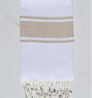 Fouta en Coton Recyclé blanche avec bandes beige Fouta Tunisia - 1 2