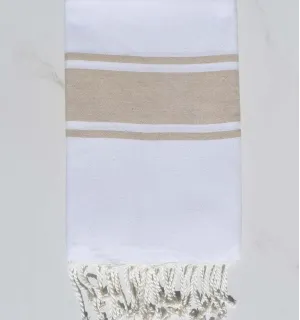 Fouta en Coton Recyclé blanche avec bandes beige Fouta Tunisia - 1 2