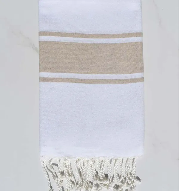 Fouta en Coton Recyclé blanche avec bandes beige -