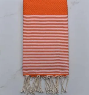Fouta nid d'abeille orange rayée blanc Fouta Tunisia - 1 2