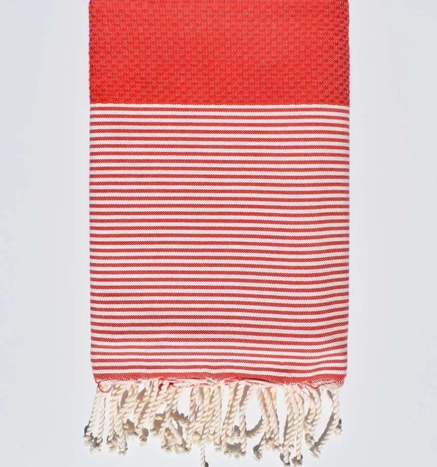 Serviette de plage nid d'abeille rouge 100x200 cm - 100 % Coton - FOUTA TUNISIA