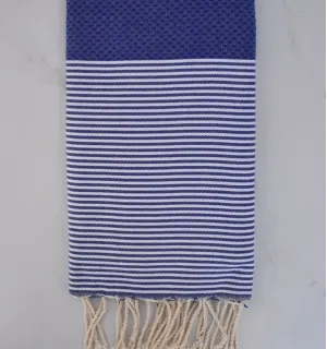 FOUTA NID D'ABEILLE Bleu outremer rayée blanc Fouta Tunisia - 1 2