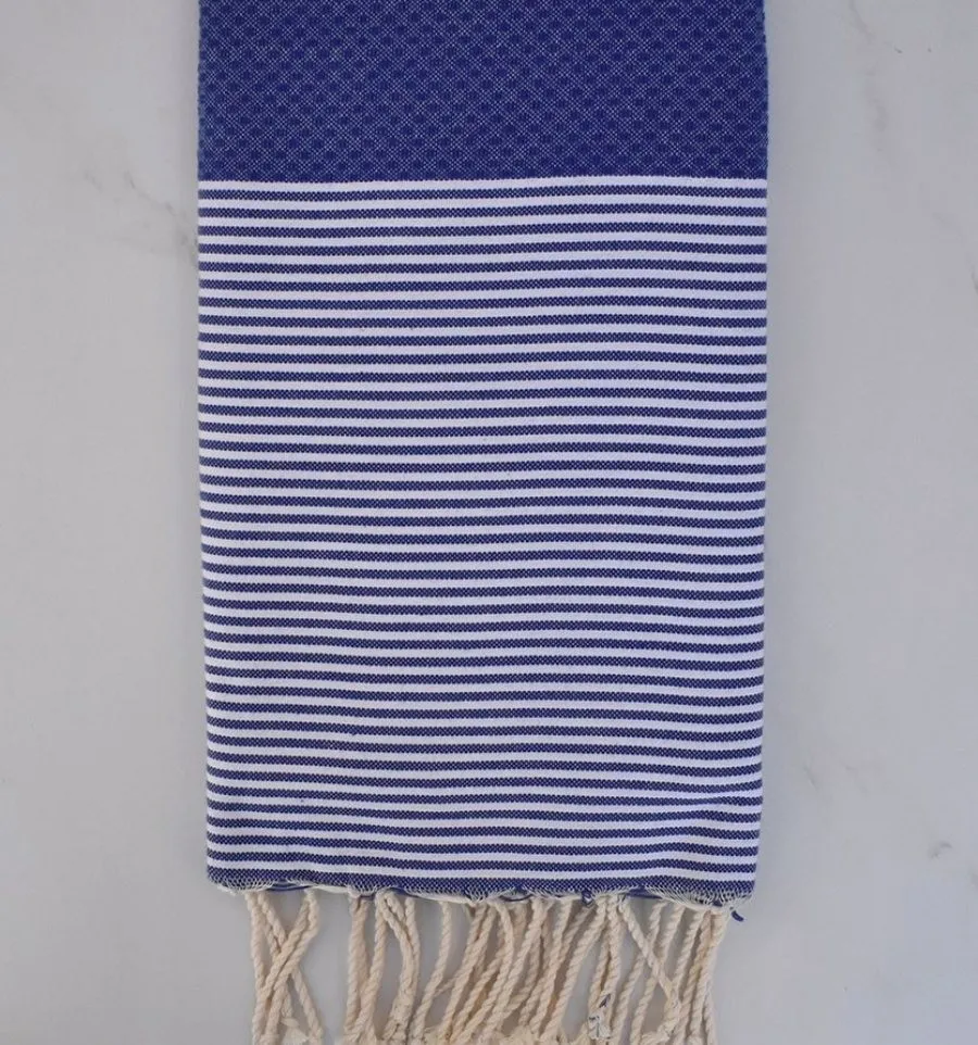 FOUTA NID D'ABEILLE Bleu outremer rayée blanc - FOUTA TUNISIA
