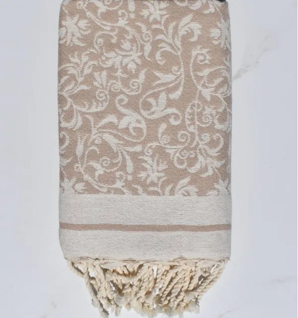 Fouta Versailles beige - Fouta plage motif floral, serviette plage beige, fouta jacquard