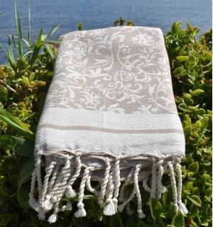 Fouta modèle Versailles beige - Fouta plage motif floral, serviette plage beige, fouta jacquard 2