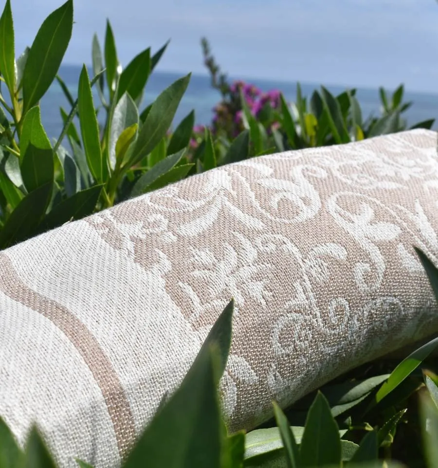 Fouta Versailles beige - Fouta plage motif floral, serviette plage beige, fouta jacquard