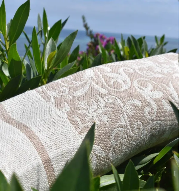 Fouta Versailles beige - Fouta plage motif floral, serviette plage beige, fouta jacquard