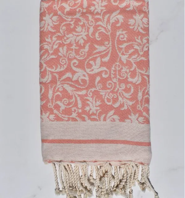 Fouta Versailles pêche - Serviette jacquard, fouta fleurie plage, serviette de plage