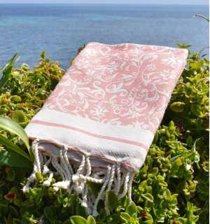 Fouta modèle Versailles pêche - Serviette jacquard, fouta fleurie plage, serviette de plage 2