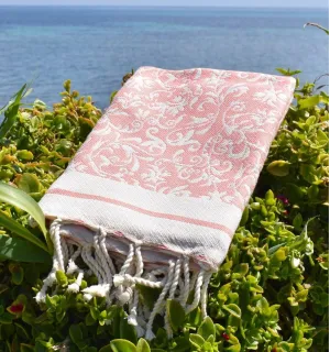 Fouta Versailles pêche - Serviette jacquard, fouta fleurie plage, serviette de plage 2