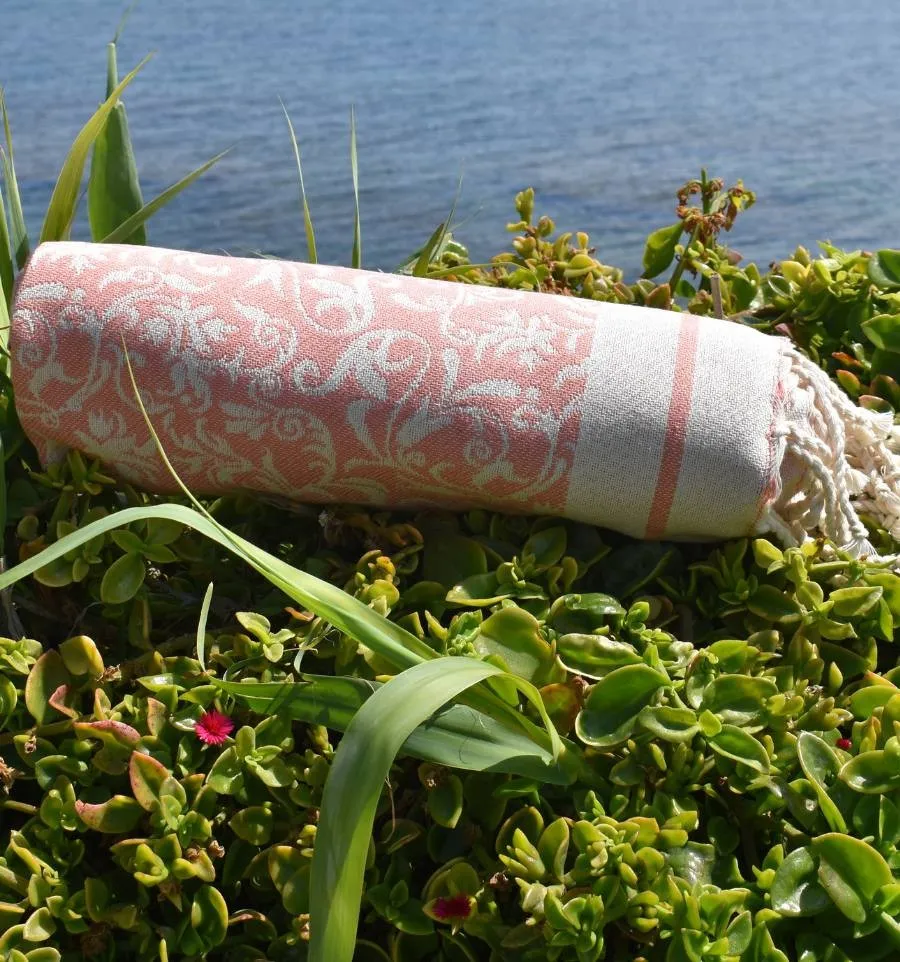 Fouta Versailles pêche - Serviette jacquard, fouta fleurie plage, serviette de plage