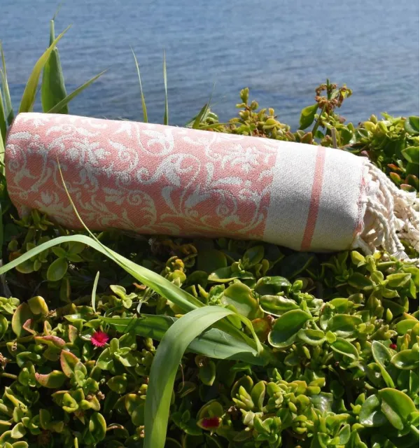 Fouta Versailles pêche - Serviette jacquard, fouta fleurie plage, serviette de plage