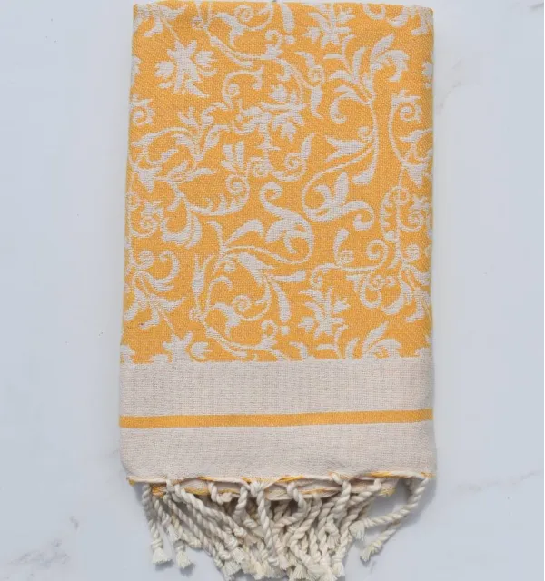 Fouta Versailles jaune foncé - Fouta fleurie en coton, Serviette absorbante