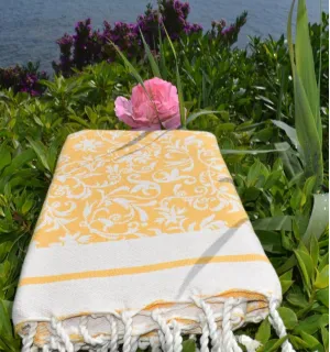 Fouta Versailles jaune foncé - Fouta fleurie en coton, Serviette absorbante 2