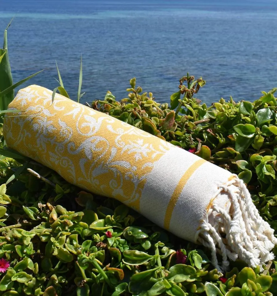 Fouta Versailles jaune foncé - Fouta fleurie en coton, Serviette absorbante