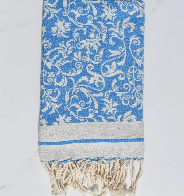 Fouta Versailles bleu azur - Fouta fleurie en coton, serviette de plage, serviette absorbante