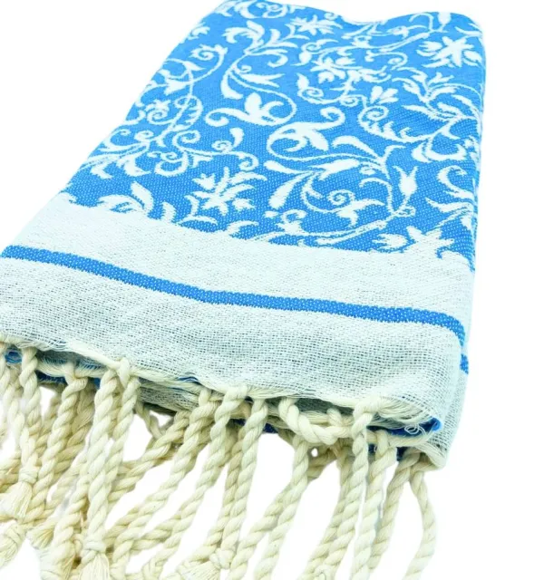 Fouta Versailles bleu azur - Fouta fleurie en coton, serviette de plage, serviette absorbante