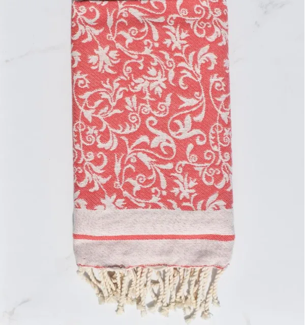 Fouta Versailles incarnadin - Fouta plage motif floral, Fouta jacquard, serviette de plage