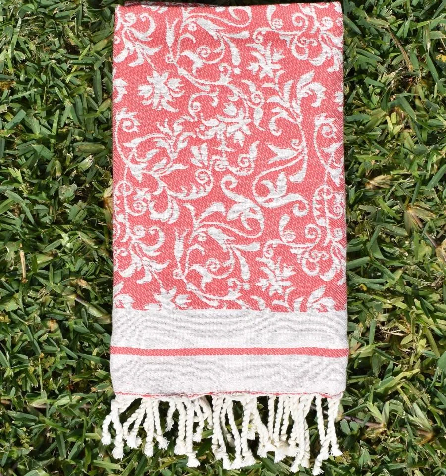Fouta Versailles incarnadin - Fouta plage motif floral, Fouta jacquard, serviette de plage