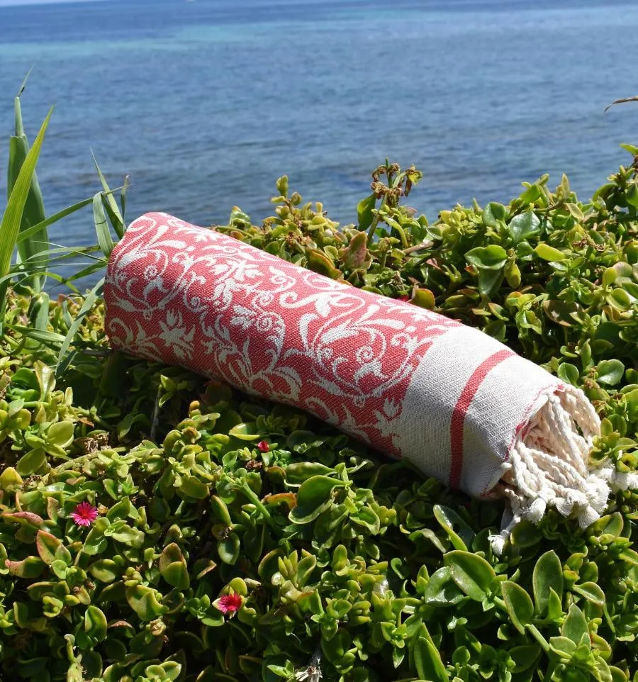 Fouta Versailles incarnadin - Fouta plage motif floral, Fouta jacquard, serviette de plage