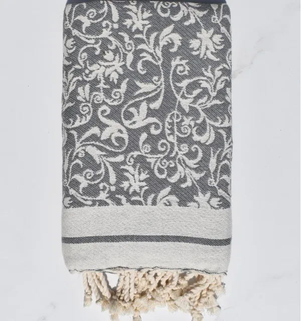 Fouta Versailles gris - Fouta plage motif floral, serviette plage, fouta jacquard élégante