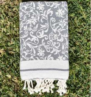 Fouta modèle Versailles gris - Fouta plage motif floral, serviette plage, fouta jacquard élégante 2