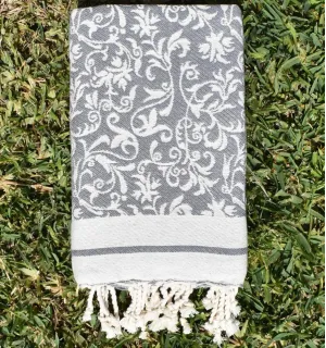 Fouta Versailles gris - Fouta plage motif floral, serviette plage, fouta jacquard élégante 2