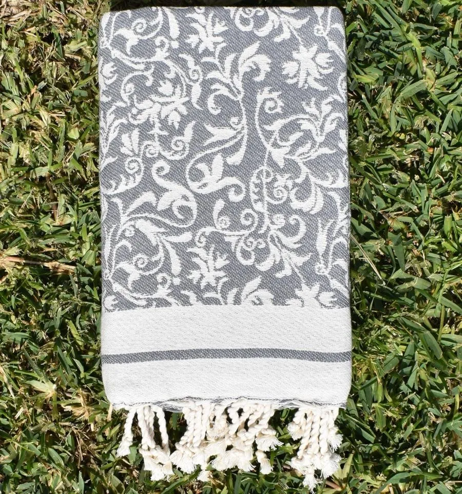 Fouta Versailles gris - Fouta plage motif floral, serviette plage, fouta jacquard élégante