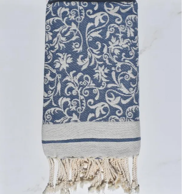 Fouta Versailles bleu bleuet - serviette plage en coton, fouta absorbante, fouta fleurie