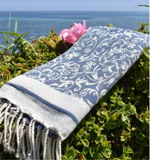 Fouta Versailles bleu bleuet - serviette plage en coton, fouta absorbante, fouta fleurie 2
