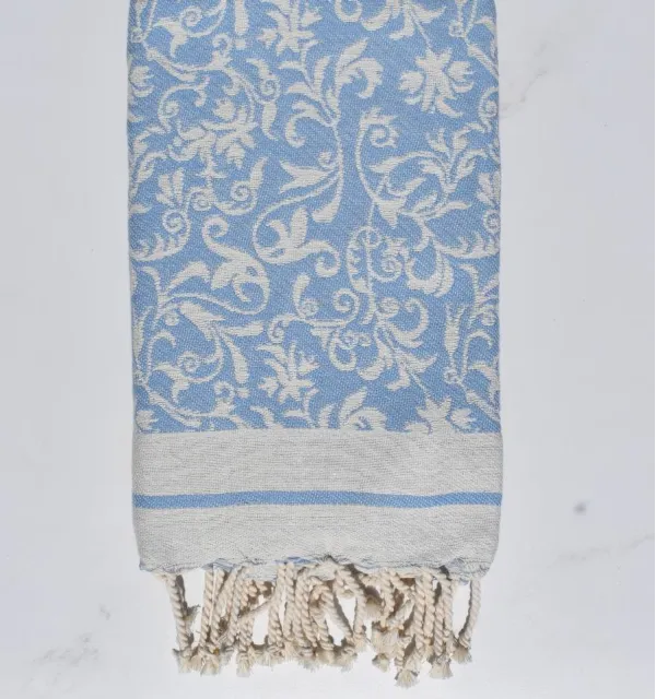 Fouta Versailles bleu ciel - Serviette plage, Fouta fleurie absorbante,