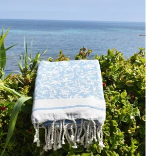 Fouta Versailles bleu ciel - Serviette plage, Fouta fleurie absorbante, 2