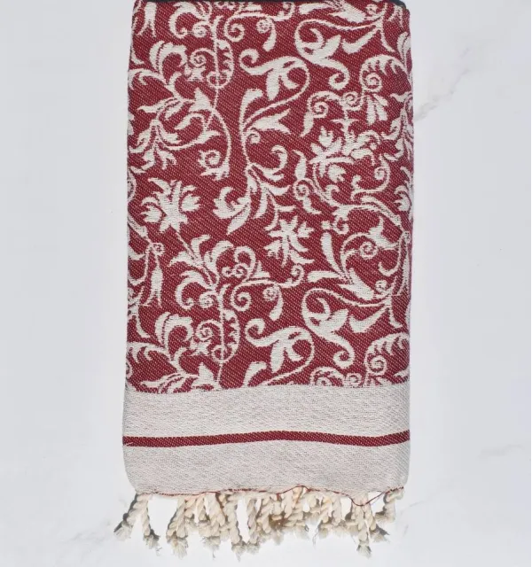 Fouta Versailles rouge bordeaux - Fouta plage motif floral, serviette plage bordeaux, fouta jacquard