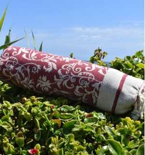 Fouta modèle Versailles rouge bordeaux - Fouta plage motif floral, serviette plage bordeaux, fouta jacquard 2