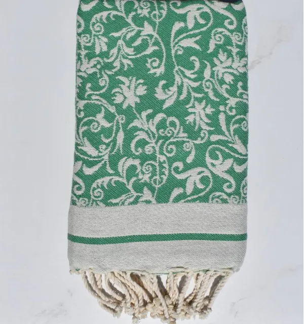 Fouta Versailles vert - Fouta plage motif floral, Serviette plage, Fouta jacquard élégante
