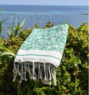 Fouta modèle Versailles vert - Fouta plage motif floral, Serviette plage, Fouta jacquard élégante 2