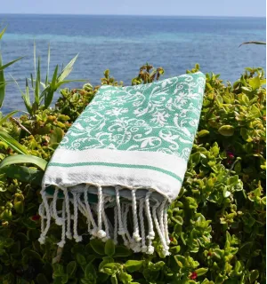 Fouta Versailles vert - Fouta plage motif floral, Serviette plage, Fouta jacquard élégante 2