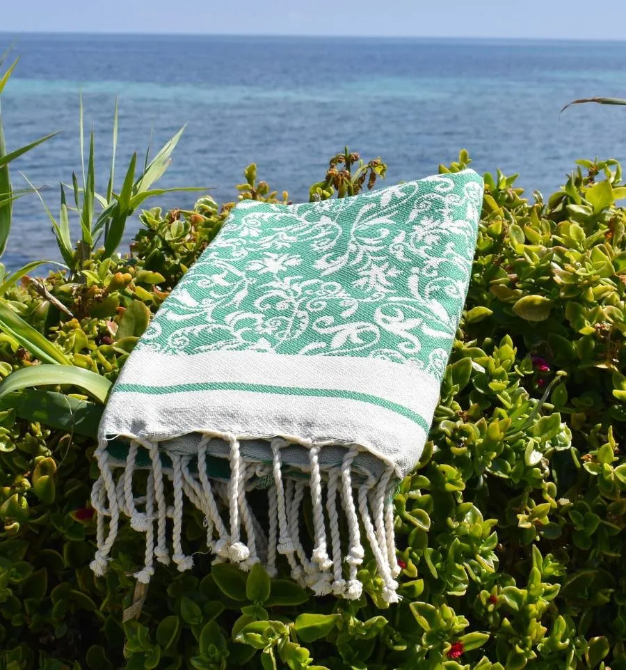 Fouta modèle Versailles vert - Fouta plage motif floral, Serviette plage, Fouta jacquard élégante