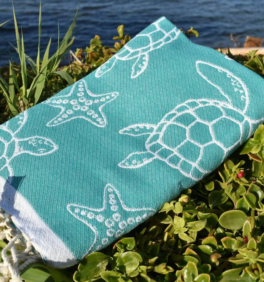 Fouta Seychelles Vert Sarcelle - Fouta motifs tortue - Fouta personnalisée