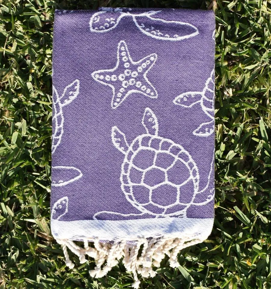 Fouta Seychelles Mauve - Serviette de plage - Fouta motifs tortue - Fouta personnalisée