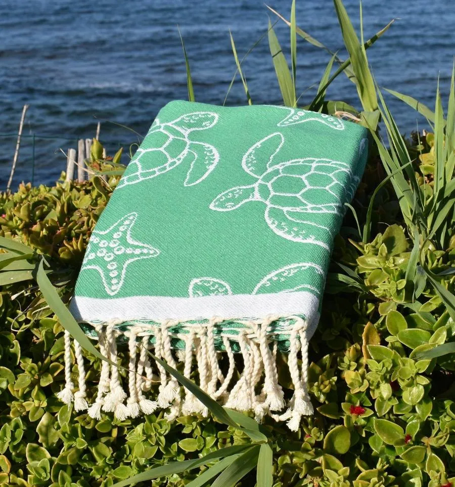 Fouta Seychelles Vert - Fouta motifs tortue - Fouta personnalisée