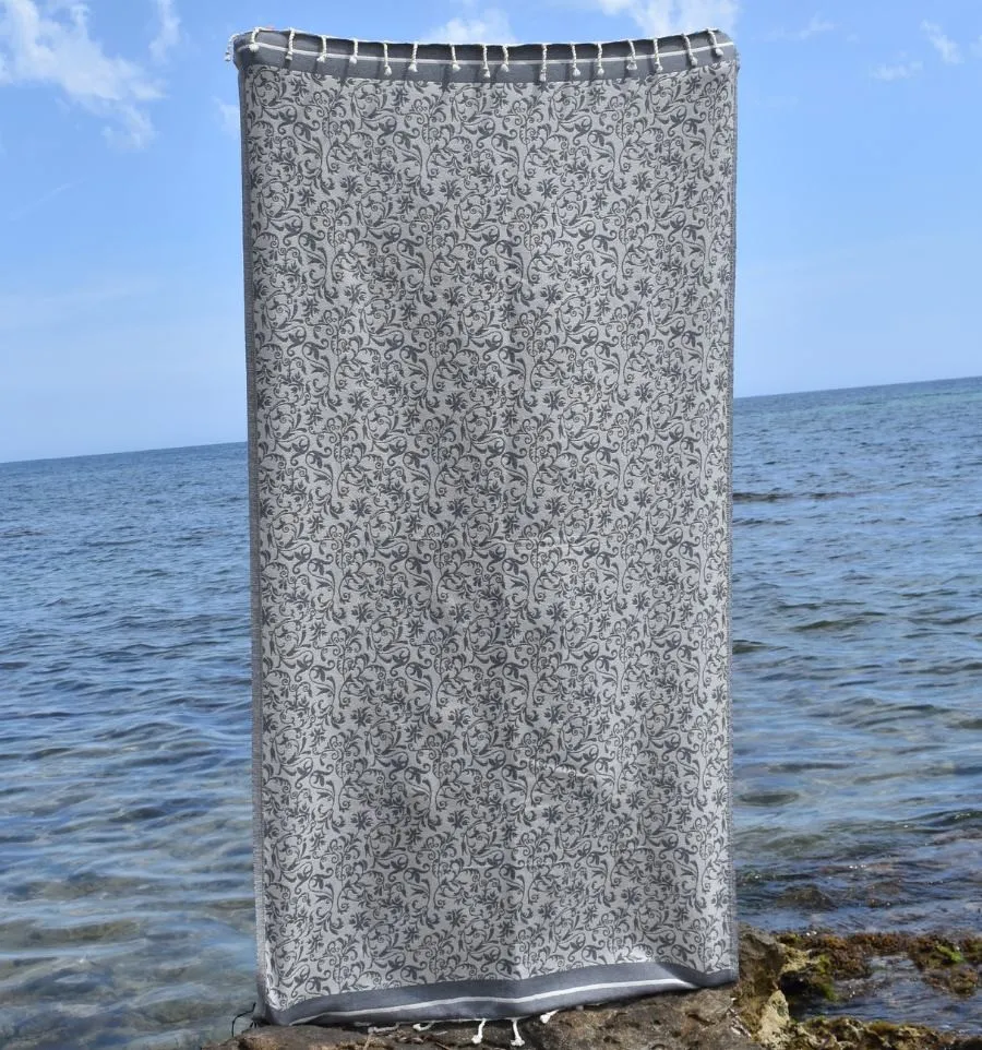 Fouta Versailles gris - Fouta plage motif floral, serviette plage, fouta jacquard élégante