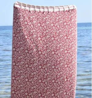 Fouta Versailles rouge bordeaux - Fouta plage motif floral, serviette plage bordeaux, fouta jacquard 2