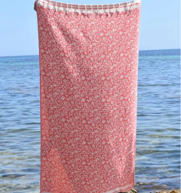 Fouta Versailles incarnadin - Fouta plage motif floral, Fouta jacquard, serviette de plage